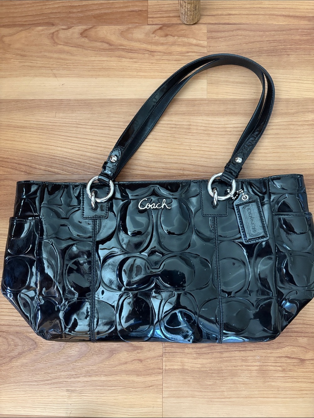 Coach Black Patent Signature Shoulder Tote with Silver Hardware